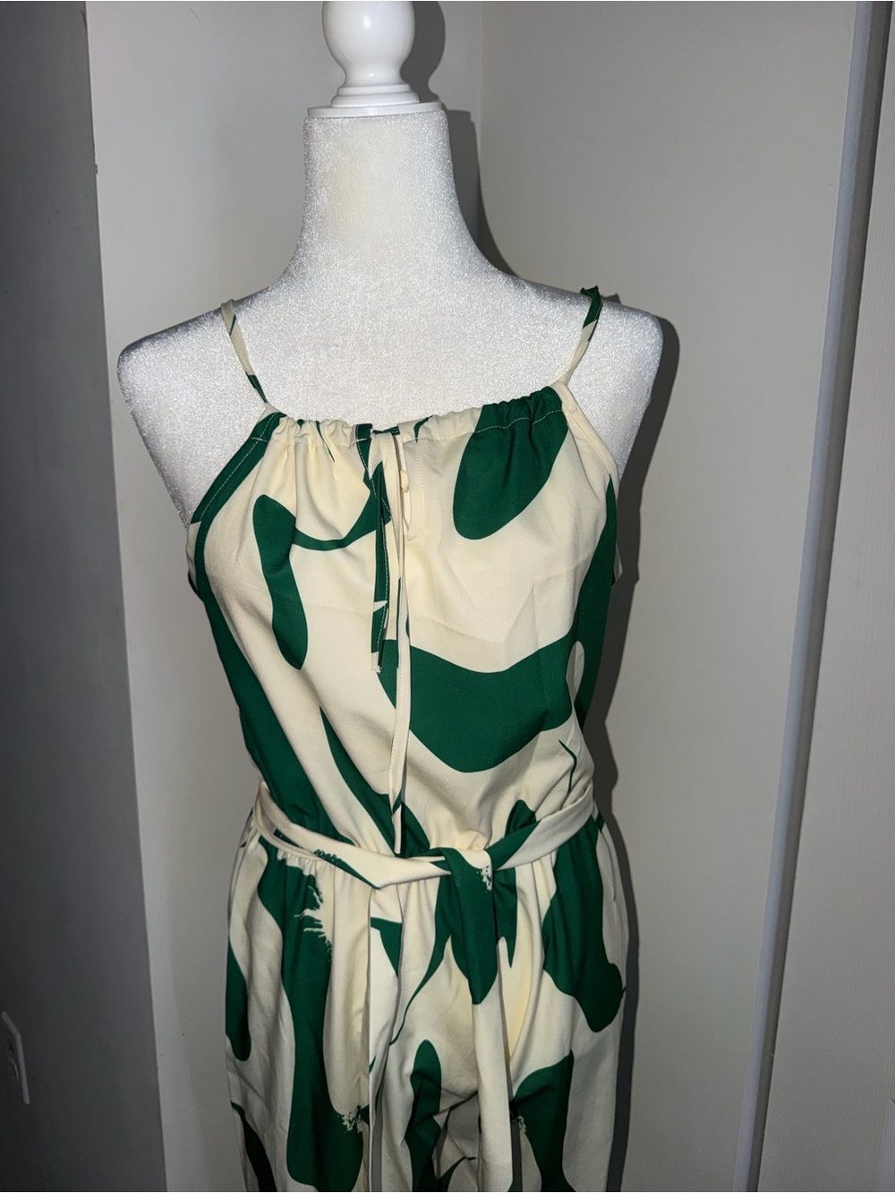 Green & Cream Printed Tie-Waist Jumpsuit
